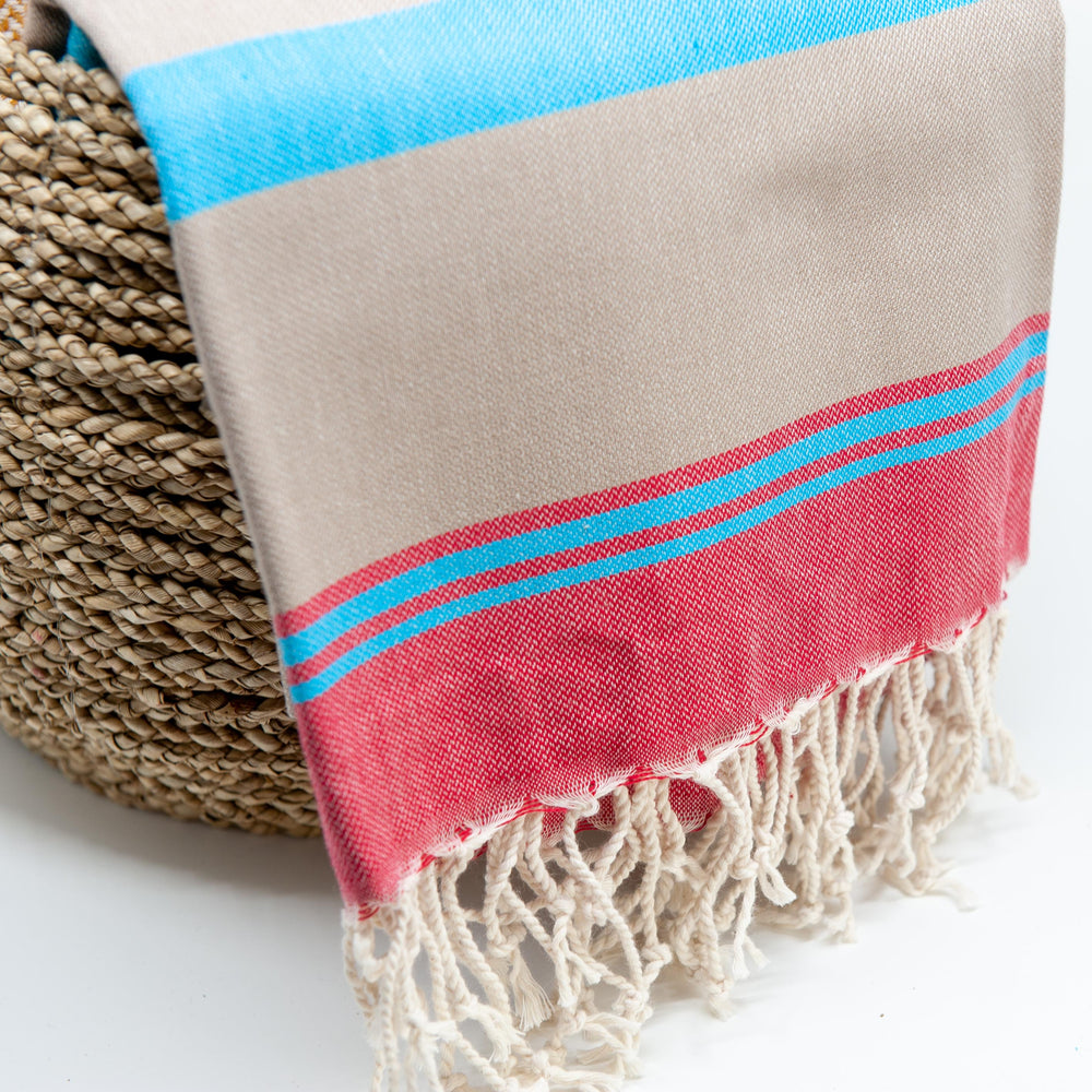 Turkish Towel - Selo - Taupe/Red/Blue